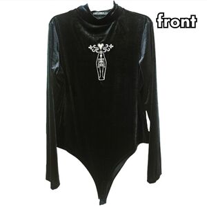 disturbia velvet bodysuit size 16 with coffin skeleton design
